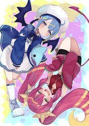  2girls absurdres ahoge bare_shoulders bat_wings bike_shorts blue_hair breasts cleavage detached_sleeves dress duel_monster green_eyes hat highres ki-sikil_(yu-gi-oh!) lil-la_(yu-gi-oh!) live_twin_ki-sikil live_twin_lil-la long_hair long_sleeves looking_at_viewer multiple_girls nemuta_muu oerba_yun_fang purple_eyes red_hair shoes short_hair sleeveless stuffed_toy twintails very_long_hair wings yu-gi-oh! 