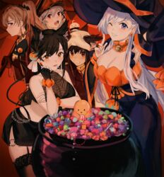  5girls alternate_costume animal_ears araiyme atago_(azur_lane) azur_lane belfast_(azur_lane) black_garter_straps black_gloves black_hair black_skirt black_thighhighs breasts brown_hair candy cauldron cleavage dunkerque_(azur_lane) earrings fingerless_gloves food garter_straps gloves grey_hair hair_ribbon halloween halloween_costume hand_on_own_cheek hand_on_own_face hat highres holding holding_polearm holding_weapon jean_bart_(azur_lane) jewelry large_breasts large_hat leaning_forward long_hair looking_at_viewer manjuu_(azur_lane) miniskirt multiple_girls myoukou_(azur_lane) one_eye_covered open_mouth orange_background orange_eyes polearm purple_eyes purple_hair purple_headwear red_eyes ribbon selfie simple_background skirt smile thighhighs very_long_hair weapon white_ribbon witch witch_hat zettai_ryouiki 