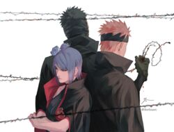  2boys akatsuki_uniform barbed_wire black_coat black_gloves closed_mouth coat crossed_arms eyeshadow female flower from_behind gloves hair_flower hair_ornament height_difference highres konan_(naruto) looking_to_the_side makeup multiple_boys naruto_(series) naruto_shippuuden open_clothes orange_hair pain_(naruto) piercing purple_hair short_hair tobi_(naruto) yellow_eyes zifletts zipper_pull_tab 