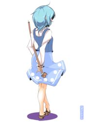  ahoge artist_name blue_hair blue_skirt commentary_request facing_away feet female from_behind full_body geta hakano_shinshi holding long_sleeves simple_background skirt soles solo standing tatara_kogasa touhou white_background 