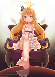  absurdres ahoge bare_legs barefoot blonde_hair blue_sash bow camicia_nera_(warship_girls_r) chair chinese_commentary closed_mouth collarbone commentary_request crossed_legs detached_sleeves dress feet female frills gathers gradient_background hair_ornament hairbow halo highres ice_laozei long_hair looking_at_viewer off_shoulder outstretched_leg photoshop_(medium) pointy_ears purple_eyes reflection sash sitting smile solo star-shaped_pupils star_(symbol) symbol-shaped_pupils toes warship_girls_r white_dress 