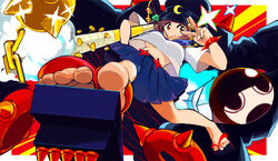  banchou baseball_bat brown_hair commentary_request delinquent feet female flail fon-due_(fonfon) foreshortening from_below hat kill_la_kill mankanshoku_mako nail nail_bat photoshop_(medium) sandals school_uniform serafuku skirt solo toes v weapon 