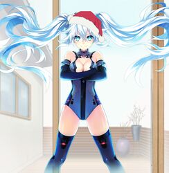  aqua_eyes bare_shoulders black_heart blush breasts chou_megami_shinkou_noire_geki_kami_black_heart choujigen_game_neptune christmas christmas_hat cleavage crossed_arms edit edited female hat multiple_girls neptune_(series) noire official_art photoshop santa_hat solo tsunako twintails white_hair 