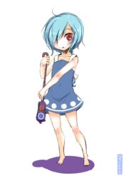  ahoge artist_name bare_arms barefoot blue_hair blush braid commentary_request covered_navel dress female full_body hair_over_one_eye hakano_shinshi holding looking_at_viewer one_eye_closed open_mouth red_eyes short_hair simple_background single_braid solo standing tatara_kogasa touhou white_background 