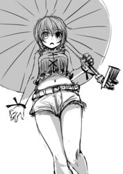  alternate_costume bare_arms belt blush commentary_request female greyscale hair_between_eyes hakano_shinshi heterochromia holding holding_umbrella looking_at_viewer midriff monochrome navel open_mouth short_hair shorts simple_background solo tatara_kogasa touhou umbrella white_background 