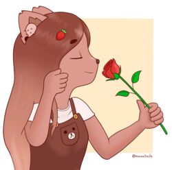  accessory anthro brown_body brown_fur domestic_cat felid feline felis female flower food fruit fur hair_accessory hi_res mammal manatails plant rilakkuma rose_(flower) san-x simple_background solo strawberry 