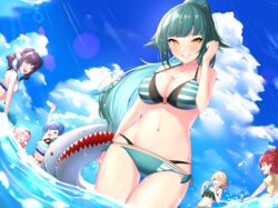  6+girls aiba_uiha animal_ears aqua_eyes asahina_akane_(nijisanji) bikini black_hairband black_panties blonde_hair blue_eyes blue_hair blush breasts cleavage cloud collarbone commentary_request day dog_ears green_bikini green_hair hair_behind_ear hair_bun hairband halterneck highres holding holding_swim_ring innertube kitakoji_hisui multiple_girls nichijo nijisanji nishizono_chigusa ocean one_eye_closed open_mouth orange_eyes outdoors panties ponytail red_hair selene_girls_school_(nijisanji) sharp_teeth shirt single_hair_bun sky smile suo_sango swim_ring swimsuit teeth todo_kohaku twintails underwear virtual_youtuber waving wet white_bikini yellow_shirt 