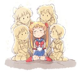  5girls :d aino_minako bishoujo_senshi_sailor_moon blonde_hair bow breasts bruise chibi choker circlet closed_eyes closed_mouth crescent crescent_earrings dirty dissolving dying earrings fading gloves goodbye hair_ornament hairbow half_updo hand_on_another&#039;s_head headpat hino_rei injury inner_senshi jewelry kino_makoto kneehighs knees_up leaning_back leaning_forward light_smile long_hair looking_at_another magical_girl medium_breasts miniskirt mizuno_ami monochrome multiple_girls on_ground open_mouth pleated_skirt ponytail profile protected_link sailor_collar sailor_jupiter sailor_mars sailor_mercury sailor_moon sailor_senshi_uniform sailor_venus sitting skirt smile socks torn_clothes translucent transparent tsubobot tsukino_usagi very_long_hair 