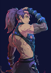  1boy bare_shoulders black_background black_bodysuit black_gloves bodysuit commentary covered_abs dark-skinned_male dark_skin detached_sleeves english_commentary evinist facial_hair from_side gem gloves hand_up highres leon_(pokemon) leon_(sygna_suit)_(pokemon) long_hair looking_at_viewer looking_to_the_side male_focus muscular muscular_male official_alternate_costume parted_lips pokemon pokemon_masters_ex ponytail purple_hair signature simple_background smile solo yellow_eyes 