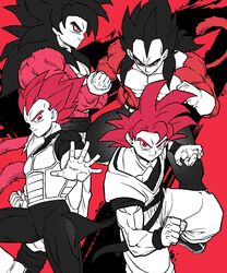  4boys absurdres bakarott belt black_hair blue_eyes body_fur closed_mouth commentary dougi dragon_ball dragon_ball_gt dragon_ball_super dragon_ball_z_dokkan_battle dual_persona fighting_stance highres limited_palette male_focus martial_arts_belt monkey_tail multiple_boys muscular muscular_male pants red_eyes red_hair sash serious smile son_goku spiked_hair super_saiyan super_saiyan_4 super_saiyan_god tail vegeta yellow_eyes 