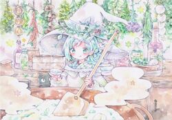  bad_id bad_pixiv_id black_cat blue_hair bracelet feline female green_eyes hat herb_bundle jewelry moyo_(k1rakira) original painting_(medium) plant pointy_ears pot smile stirring tongue tongue_out traditional_media watercolor_(medium) witch witch_hat 