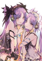  2girls absurdres armlet bare_shoulders black_dress blush breasts chains collarbone dress euryale_(fate) euryale_(twin_star_divas)_(fate) fate/grand_order fate/hollow_ataraxia fate_(series) frilled_hairband frills gradient_background hairband headphones highres koimizu long_hair looking_at_viewer microphone multiple_girls purple_eyes purple_hair siblings sisters small_breasts smile snake_armband stheno_(fate) stheno_(twin_star_divas)_(fate) twins twintails white_dress 