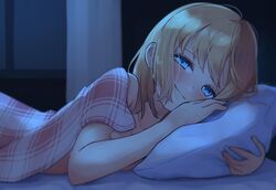  bare_shoulders bed_sheet blonde_hair blue_eyes blush bob_cut collarbone covering_breasts covering_privates english_commentary eyebrows_hidden_by_hair female hair_behind_ear highres holding holding_pillow hololive hololive_english kiirokuma looking_at_viewer medium_hair naked_sheet on_bed pillow pov_across_bed smile solo under_covers virtual_youtuber watson_amelia 