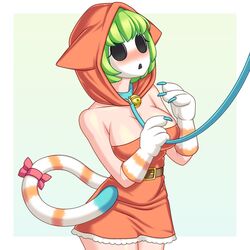  1:1 accessory bell bell_collar belt blush breasts clothing collar covered_breasts dress female gloves green_hair hair handwear hood humanoid leash leash_pull mario_bros mask neonway nintendo not_furry paw_gloves ribbons short_hair shyguy solo 