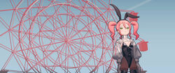  absurdres animal_ears arms_at_sides black_leotard breasts covered_navel english_commentary fake_animal_ears female ferris_wheel from_below green_eyes highres leotard original pantyhose pink_hair playboy_bunny rabbit_ears saaal653 see-through see-through_sleeves shrug_(clothing) small_breasts solo thighhighs twintails 