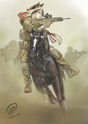  action animal_ears artist_name assault_rifle black_hair brown_eyes brown_footwear brown_gloves brown_hair brown_jacket brown_pants bulletproof_vest bullpup camouflage closed_mouth commentary cross-laced_footwear dated english_commentary female fog gloves gradient_hair gun hair_ribbon handgun highres holding holding_gun holding_weapon holster horse horse_ears horse_girl horse_tail horseback_riding irony jacket jpc knee_pads l85 long_hair looking_to_the_side military_operator multicolored_hair original outdoors pants pouch red_ribbon ribbon riding rifle scope shoes signature solo_focus species_connection streaked_hair tail weapon 