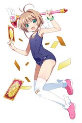  :d antenna_hair bandaid bandaid_on_clothes bandaid_on_knee bandaid_on_leg blue_one-piece_swimsuit boots bracelet brown_hair card cardcaptor_sakura clow_card commentary female floating full_body fuuin_no_tsue green_eyes hands_up highres holding holding_card holding_wand jewelry kinomoto_sakura looking_at_viewer magical_girl one-piece_swimsuit open_mouth pink_footwear school_swimsuit short_hair simple_background smile solo swimsuit thighhighs wand watanabe_akio white_background white_thighhighs 