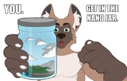  alpha_channel anthro brown_body brown_fur canid canine container digital_media_(artwork) flintox fox fur gesture giantboonehusky_(artist) green_eyes hair hand_gesture hi_res jar looking_at_viewer macro male mammal micro open_mouth pointing pointing_at_viewer simple_background solo transparent_background 