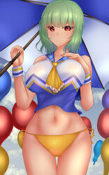  alternate_costume ascot balloon bikini bikini_bottom_only blue_tank_top blue_umbrella breasts closed_mouth commentary_request cowboy_shot female green_hair hand_on_own_chest highres holding holding_umbrella kazami_yuuka kazami_yuuka_(cheerleader_of_the_four_seasons) large_breasts looking_at_viewer midriff multicolored_umbrella navel red_eyes short_hair shounen_(hogehoge) skirt solo standing swimsuit tank_top touhou touhou_lostword two-tone_umbrella umbrella variant_set white_tank_top white_umbrella wrist_cuffs yellow_ascot yellow_bikini 