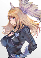  absurdres black_bodysuit bodysuit breast_tattoo breasts cleavage cleavage_cutout clothing_cutout eunie_(xenoblade) female head_wings highres large_breasts simple_background solo tattoo ug333333 white_background white_wings wings xenoblade_chronicles_(series) xenoblade_chronicles_3 