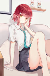  absurdres arm_support blunt_bangs blush collared_shirt commentary_request couch female gimai_seikatsu hair_ornament hand_on_own_face highres indoors looking_at_viewer narasaka_maaya necktie panties pantyshot plaid_necktie red_hair school_uniform shirt short_hair short_sleeves sion_(im10042m) smile solo underwear white_panties white_shirt x_hair_ornament yellow_eyes 