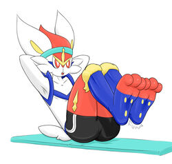  3_toes absurd_res ambiguous_gender anthro barefoot big_ears big_legs blue_body blue_fur bottomwear cinderace clothing exercise exercise_clothing feet foot_focus fur generation_8_pokemon hi_res hindpaw mr_fuwa nintendo paws plantigrade pokemon pokemon_(species) red_body red_eyes red_fur shorts simple_background soles solo thick_thighs toes yellow_body yellow_fur 