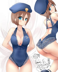  adapted_costume afterimage albert_wesker angry arms_behind_back ass back back_cutout bent_over beret black_footwear blue_eyes blue_leotard blush breasts brown_hair butt_crack chris_redfield cleavage clenched_hand closed_mouth clothing_cutout collarbone commentary_request covered_collarbone cowboy_shot female from_side hair_between_eyes halterneck hand_on_own_arm hat jill_valentine lace lace-trimmed_leotard lace_trim leotard lingerie looking_at_viewer looking_back looking_to_the_side medium_breasts motion_blur motion_lines multiple_boys multiple_views nagare open_mouth parted_bangs parted_lips partially_colored police police_hat police_uniform policewoman punching resident_evil shoes short_hair solo_focus star_(symbol) star_print straight_hair strappy_heels sunglasses sweatdrop teddy_(lingerie) thigh_gap thighs translation_request underwear underwear_only uniform v-shaped_eyebrows 