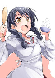  :d apron bibi02 black_hair bowl braid commentary_request female hair_ornament hairclip highres kappougi open_mouth rice rice_bowl shamoji shokugeki_no_souma smile solo tadokoro_megumi twin_braids yellow_eyes 