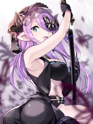  bad_anatomy black_gloves commentary_request draph female gloves granblue_fantasy hair_ornament hair_over_one_eye highres horns katana light_purple_hair long_hair narmaya_(granblue_fantasy) narmaya_(the_black_butterfly)_(granblue_fantasy) nino_(shira) official_alternate_costume pointy_ears sitting solo sword veil weapon 