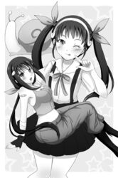  aged_up bad_id bad_pixiv_id bandaid bandaid_on_shoulder dual_persona female greyscale hachikuji_mayoi kabukimonogatari long_hair monochrome monogatari_(series) one_eye_closed sotogawa_max twintails 