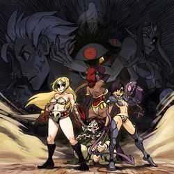  1boy 3girls alex_ahad armor ass bare_shoulders beltskirt bikini_armor black_hair blonde_hair boots breasts brown_eyes brown_hair cloak corset dark_skin ebony elbow_gloves fantasy gloves greaves green_eyes highres hood knee_boots long_hair multiple_girls original pauldrons red_eyes shield short_hair skull squatting staff sword thigh_boots thighhighs tongue tongue_out very_dark_skin weapon whip 