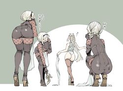  4girls ass bent_over boots braid commander_(nier:automata) commentary_request from_behind hairband komi_shin&#039;ya leotard limited_palette multiple_girls musical_note nier:automata nier_(series) operator_21o operator_6o shoes short_hair spoken_musical_note squatting standing thigh_boots thighhighs translation_request twin_braids undressing unworn_clothes unworn_shoes white_hair 