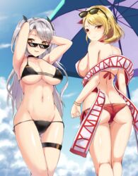  2girls armpits arms_behind_head arms_up ass ass_visible_through_thighs azur_lane back bikini black-framed_eyewear black_bikini black_choker black_ribbon blonde_hair blue_sky bondo_(borndragon) bracelet braid breasts brown_eyes butt_crack choker cleavage closed_mouth cloud cloudy_sky commentary_request day deal_with_it_(meme) earrings eyewear_on_head flag_print french_braid from_behind frown german_flag german_flag_bikini grey_hair groin hair_ribbon highres jewelry kneepits large_breasts legs long_hair looking_at_viewer looking_back meme mole mole_on_breast multiple_girls navel official_alternate_costume outdoors parted_lips prince_of_wales_(azur_lane) prince_of_wales_(sun_shining_upon_windsor)_(azur_lane) prinz_eugen_(azur_lane) prinz_eugen_(unfading_smile)_(azur_lane) red_bikini red_eyes red_shawl ribbon shawl short_hair side-tie_bikini_bottom sideboob sky smile standing stomach sunglasses swimsuit thigh_gap thigh_strap two_side_up underboob 