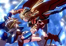  2girls armor beam_saber blue_eyes brown_hair gundam gundam_epyon gundam_wing hand_grasp mecha_musume multiple_girls space tail wing_gundam_0 wing_gundam_zero wings yuri 