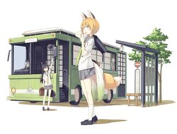  3girls animal_ear_fluff animal_ears bag bench black_hair blonde_hair blue_eyes bus bus_stop commentary_request extra_ears fox_ears fox_tail kuromitsu_nene long_hair motor_vehicle multiple_girls original poco_(asahi_age) school_bag school_uniform shiratama_kitsune short_hair skirt standing tail yawning 