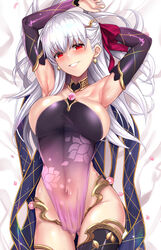  arm_behind_head armlet armpits arms_up ass_visible_through_thighs bare_shoulders blush breasts circlet collar covered_navel detached_sleeves dress earrings fate/grand_order fate_(series) female floral_print grin hair_ribbon highres jewelry kama_(fate) kama_(second_ascension)_(fate) large_breasts long_hair looking_at_viewer lotus_print lying metal_collar on_back pelvic_curtain purple_dress purple_ribbon purple_sleeves purple_thighhighs red_eyes ribbon sideboob smile solo thighhighs thighlet thighs untue white_hair 