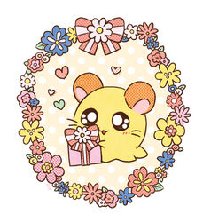  bedding blanket brown_body brown_fur cricetid female feral flower flower_wreath fur gift hamster hamtaro_(series) heart_symbol jin3_z mammal penelope_(hamtaro) plant ribbons rodent simple_background solo white_background 