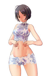  bikini bikini_under_clothes black_hair brown_eyes crop_top female fujisawa_takashi midriff navel original see-through short_hair short_shorts shorts sleeveless solo swimsuit white_background 