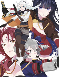  4girls :d ahoge belt black_bodysuit black_capelet black_gloves blue_bow blue_eyes blue_jacket bodysuit boots bow braid breasts bronya_zaychik bronya_zaychik_(valkyrie_chariot) brown_footwear brown_gloves brown_shorts bullet capelet cleavage closed_mouth dress drill_hair dual_wielding full_body gloves grey_eyes grey_hair gun hairbow handgun headband highres holding holding_gun holding_sword holding_weapon honkai_(series) honkai_impact_3rd jacket katana kiana_kaslana kiana_kaslana_(valkyrie_ranger) knee_boots long_hair long_sleeves looking_at_viewer mole mole_on_breast multiple_girls murata_himeko murata_himeko_(battle_storm) open_mouth purple_eyes purple_hair raiden_mei raiden_mei_(valkyrie_bladestrike) red_dress red_hair red_jacket shorts simple_background smile sword twin_braids twin_drills very_long_hair weapon white_background white_jacket yellow_eyes zunda_kaku 