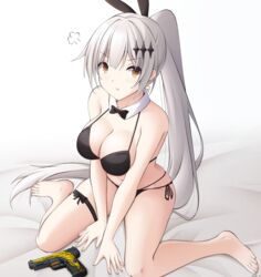  animal_ears bad_id bad_pixiv_id bed bikini black_bikini bow breasts commentary earrings female five-seven_(cruise_queen)_(girls&#039;_frontline) five-seven_(girls&#039;_frontline) fn_five-seven girls&#039;_frontline gun hairbow handgun highres jewelry keenh large_breasts long_hair official_alternate_costume on_bed orange_eyes rabbit_ears sitting solo sulking swimsuit weapon white_background white_hair 