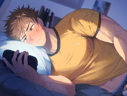  1boy bandaid bandaid_on_cheek bandaid_on_face bara bed blush brown_eyes brown_hair bulge closed_mouth crotch_grab erection erection_under_clothes hao_(haozz) holding holding_phone indoors large_pectorals looking_at_phone lying male_focus male_masturbation masturbation masturbation_through_clothes muscular muscular_male on_bed on_side orange_shirt original paid_reward_available pectorals phone pillow shirt short_hair solo 