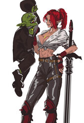  1boy abs belt breasts cleavage earrings facial_hair female fingerless_gloves formal gloves goblin gold_teeth greatsword green_eyes hat hat_tip highres jewelry lifting_person long_hair moustache necklace original ponytail red_hair ring shirt suit sword tied_shirt toned weapon white_background yuritiaraha 