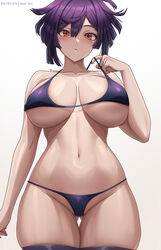  abpart arm_at_side ass_visible_through_thighs bare_shoulders bikini blush breasts cleavage closed_mouth commentary cowboy_shot english_commentary female highres jigokuraku large_breasts looking_at_viewer navel patreon_username purple_hair red_eyes short_hair simple_background solo stomach swimsuit thighhighs thighs twitter_username underboob white_background yuzuriha_(jigokuraku) 