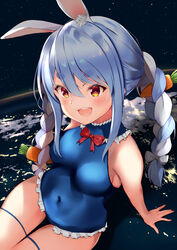  animal_ear_fluff animal_ears blue_hair blue_one-piece_swimsuit braid breasts carrot carrot_hair_ornament cloud cosplay covered_navel dead_or_alive female food-themed_hair_ornament hair_ornament highres hololive long_hair marie_rose marie_rose_(cosplay) marie_rose_(devilish_servant_against_the_splashing_waves) medium_breasts multicolored_hair neko_usagi_(nekousagi_jpn) one-piece_swimsuit open_mouth outdoors rabbit_ears rabbit_girl red_eyes short_eyebrows sitting sky smile solo star_(sky) starry_sky swimsuit thick_eyebrows thigh_gap thigh_strap thighs twin_braids twintails two-tone_hair usada_pekora virtual_youtuber white_hair 