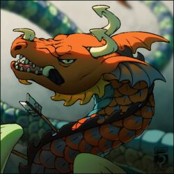  1:1 2020 arrow_(anatomy) arrow_(weapon) arrowed asian_mythology black_border border digital_media_(artwork) dragon east_asian_mythology eastern_dragon headshot_portrait horn icon mythological_creature mythological_scalie mythology open_mouth orange_body orange_scales portrait ranged_weapon scales scalie shinerai solo teeth tongue weapon 