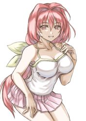  absurdres ahoge breasts camisole cleavage collarbone female hair_intakes hair_ribbon highres kagami_sumika leaning_forward long_hair looking_at_viewer medium_breasts mota_saru muv-luv parted_lips pink_skirt pleated_skirt red_eyes red_hair ribbon skirt smile solo very_long_hair white_background white_camisole yellow_ribbon 