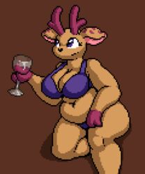  5:6 alcohol antlers beverage big_breasts bra breasts brown_body brown_fur clothing container cup deer drinking_glass female fermi_(isagoodfriend) fur glass glass_container glass_cup hooves horn isagoodfriend looking_away mammal panties pink_spots pinup pose purple_bra purple_clothing purple_eyes purple_underwear sitting slightly_chubby slightly_chubby_female spots thick_thighs underwear wine wine_glass 