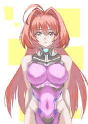  absurdres adapted_costume ahoge arms_behind_back bodysuit breasts covered_navel expressionless female fortified_suit groin hair_intakes highres hip_vent kagami_sumika long_hair looking_at_viewer medium_breasts mota_saru muv-luv muv-luv_alternative parted_lips pink_bodysuit red_eyes skin_tight sleeveless sleeveless_bodysuit solo straight-on very_long_hair 