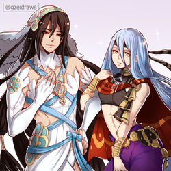  1boy azura_(fire_emblem) azura_(fire_emblem)_(cosplay) bare_arms bare_shoulders black_hair black_shirt blue_hair bracelet commentary cosplay costume_switch crop_top crossdressing dress female fingerless_gloves fire_emblem fire_emblem_engage fire_emblem_fates gloves gzei hair_between_eyes headband highres jewelry long_hair looking_at_viewer midriff pants purple_background purple_pants red_eyes seadall_(fire_emblem) seadall_(fire_emblem)_(cosplay) shirt sleeveless sleeveless_shirt smile sparkle stomach veil very_long_hair white_dress white_gloves 