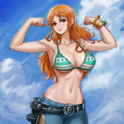  belt bikini bikini_top_only bracelet breasts brown_eyes closed_mouth cloud collarbone denim double_biceps_pose earrings female flexing green_bikini jeans jewelry kyopink large_breasts log_pose long_hair looking_to_the_side nami_(one_piece) navel one_piece orange_eyes orange_hair pants pearl_earrings shoulder_tattoo sky smile solo swimsuit tattoo 